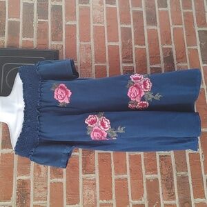 Style Envy Off The Shoulder Light Blue Denim Floral Applique Dress Size M